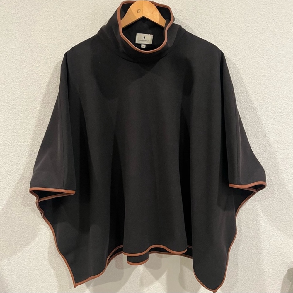 TUCKERNUCK  Black Leather Trim Funnel Neck Piper Poncho one size excellent cond